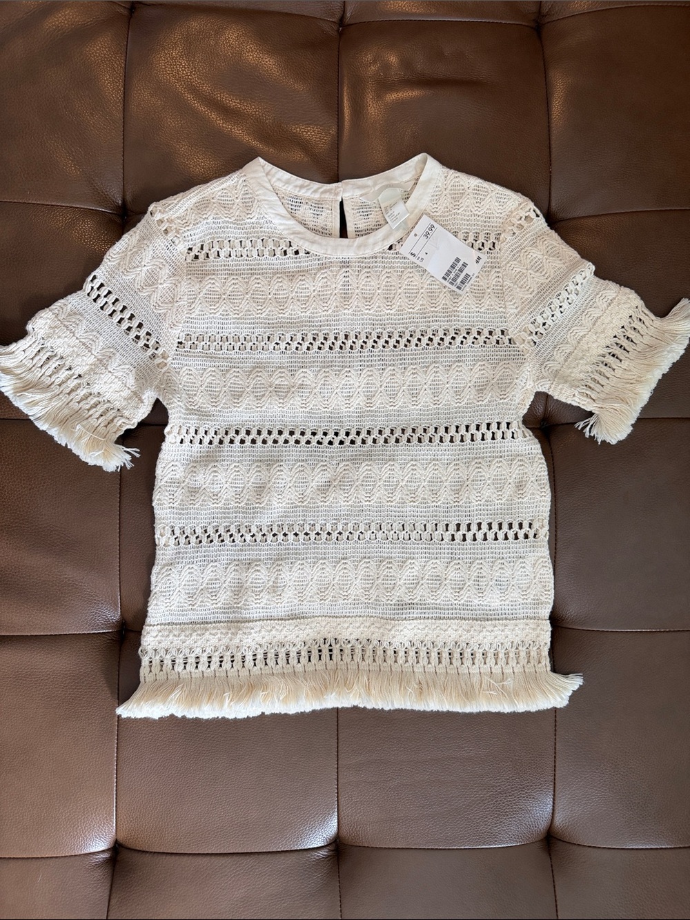 H&M Cream Crochet Fringe Short Sleeve Top